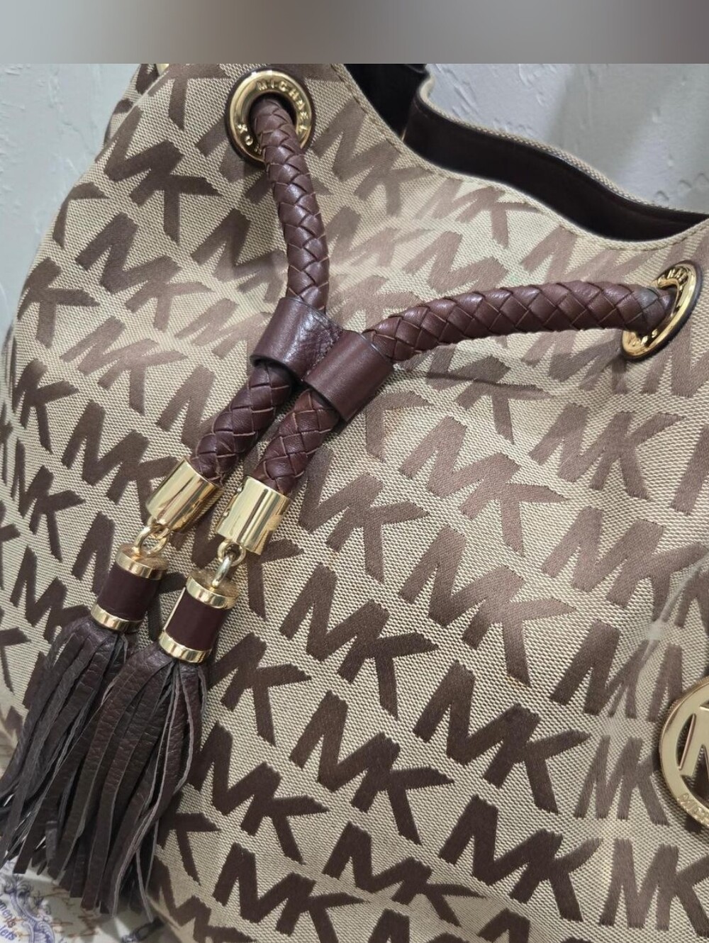 Michael Kors Brown Logo Drawstring Shoulder Bag